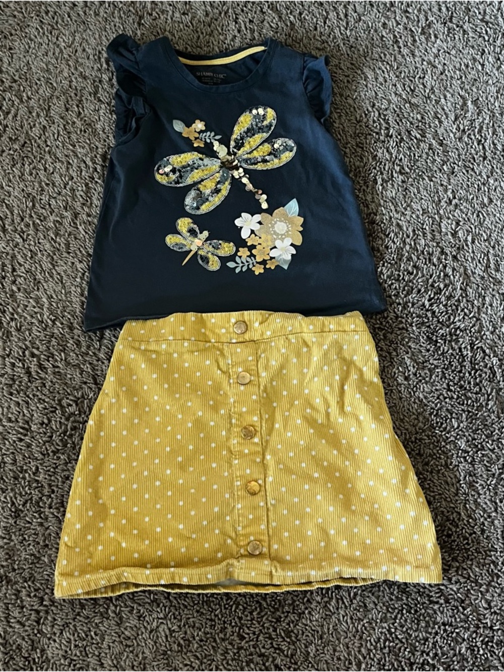 Shabby Chic Navy Dragonfly Tee with Yellow Polka Dot Button-Front Skirt